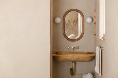 neutral bathroom with wooden Farmhouse Bathroom Sink