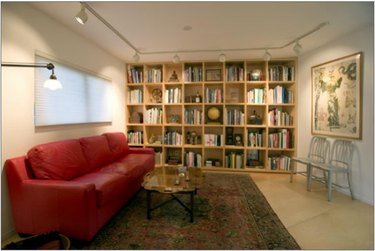 basement apartment with wall shelves, red leather couch, and track lighting