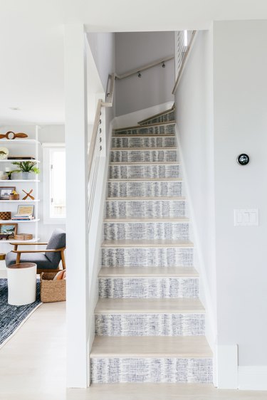 blue and white stairs wallpaper on risers