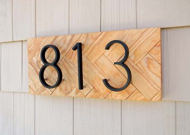 DIY house number sign with herringbone background