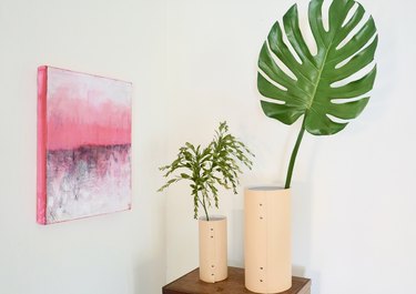 Easy DIY leather and rivets vases, one small one large