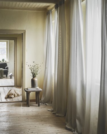 room with light gray curtains and side table and dog in backgroun