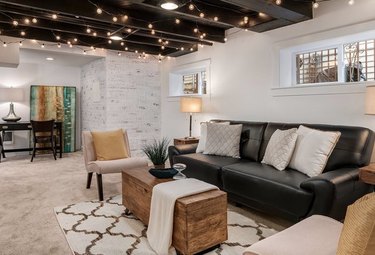 Basement living room with cafe lights