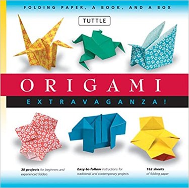 Origami book cover with six origami shapes in different colors