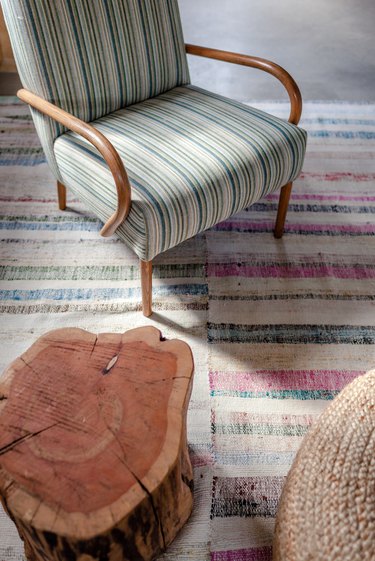 Wood stump side table and woven pattern details