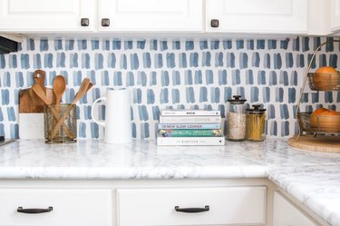 wallpapered backsplash and contact paper for countertops