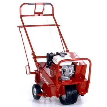 Self-propelled core aerator manufactured by Classen.
