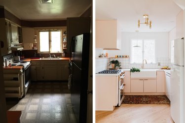 before and after of modern pink kitchen makeover