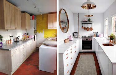before and after of white and marble kitchen makeover