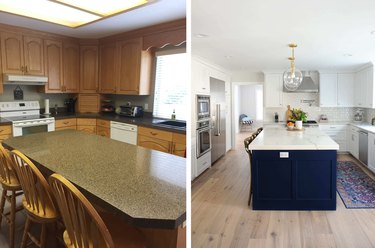 before and after of marble and navy kitchen makeover