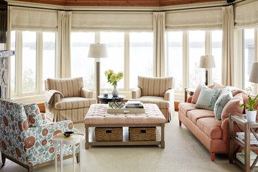 living room sofa ideas with coral sofa and lounge chairs