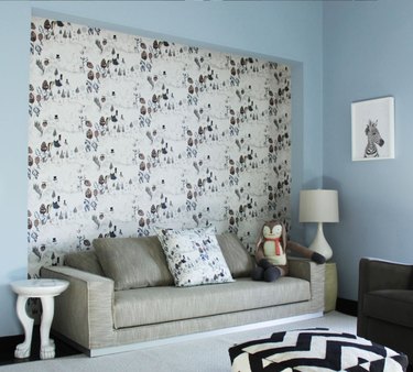 Pastel blue basement paint colors for lounge with patterned wallpaper