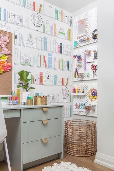 Basement Playroom Ideas with art station and desk