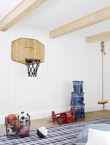 Basement Playroom Ideas with sports zone and basketball hoop