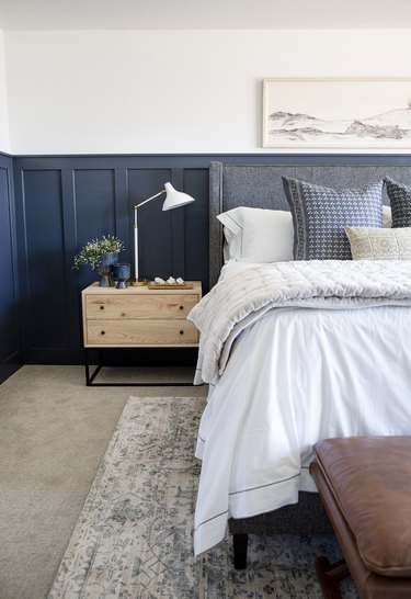 blue and white traditional bedroom color schemes with wainscoting