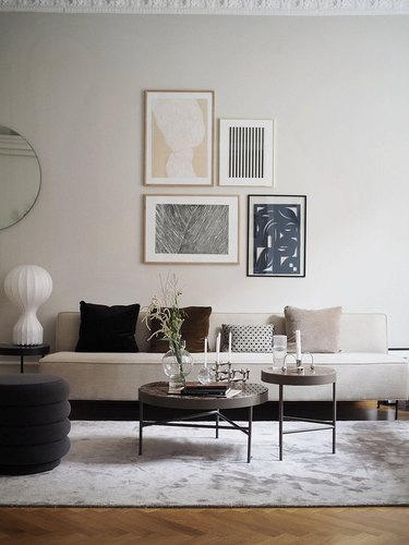 griege neutral colors in living room with gallery wall