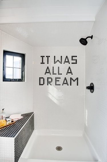 modern tiny house idea for bathroom with black and white tiles