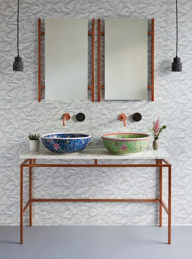 bathroom sink idea with vessel sinks and pendant lights hanging near mirrors