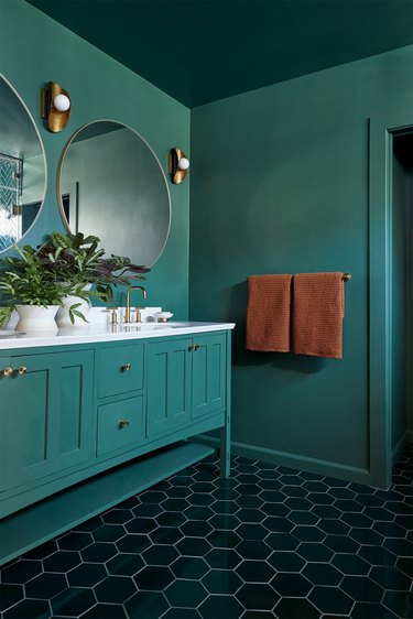maximalist bathroom with green walls, green ceiling, and green hex floor tile