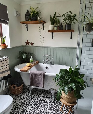 Plant-filled maximalist bathroom with sage wainscoting, floating shelves, and patterned floor tile
