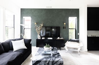 colors that go with green, green accent wall with black furniture