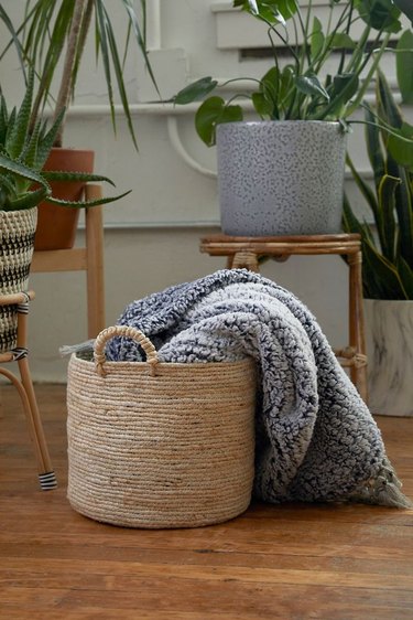 basket with throw blanket and plant nearby