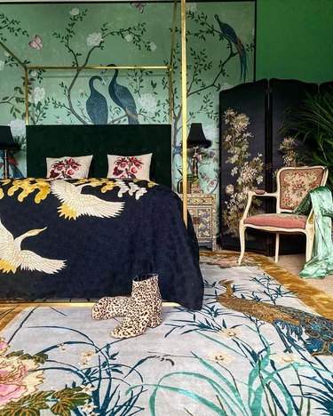 maximalist bedroom with different patterns