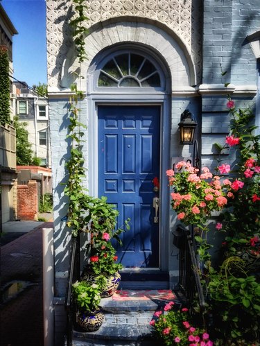 blue traditional front doors with arched transom and flowers