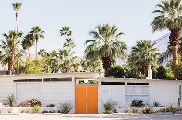 midcentury modern home with orange door and palm trees in the background