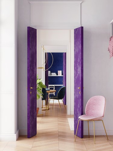 colors that go with purple, blue doors and dining chairs