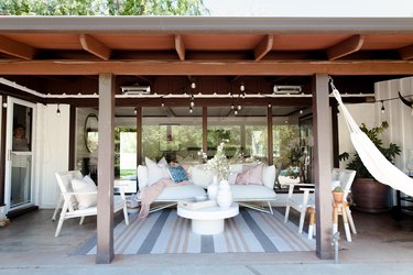 The back patio with the long slung ranch style roof.