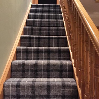 plaid stair carpet idea with wood railing