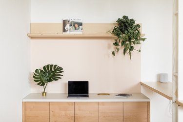 Cabinets for supplies and a surface for coffee breaks.