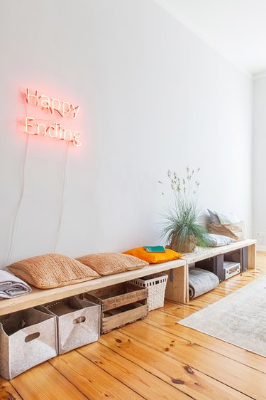 living room with neon sign