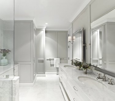 gray paint colors in bathroom with marble sink and wall paneling
