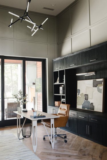mossy gray paint colors in office with wall paneling and black bookshelf