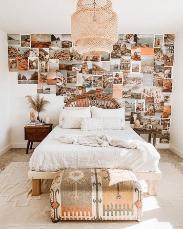 travel-inspired IKEA bedroom idea with woven bamboo pendant