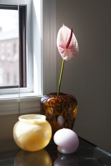 Flower in vase with found objects by window