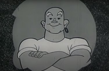 Mr. Clean cartoon posing with his arms crossed in a 1958 commercial