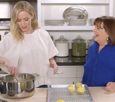 Emily Blunt and Ina Garten making Emily's English roasted potatoes on Food Network
