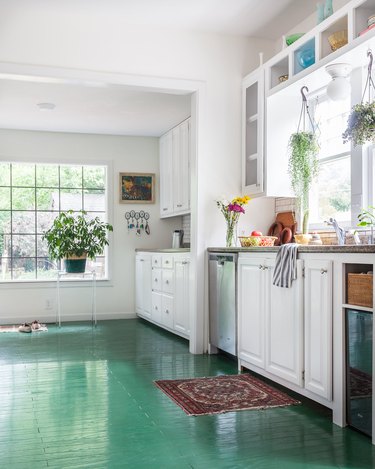 white kitchen with green kitchen floor paint