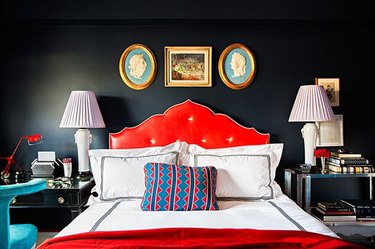 colors that go with red in a black bedroom with red headboard