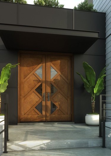 modern exterior door in wood with geometric details
