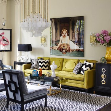 chartreuse color idea in living room with sofa and chandelier