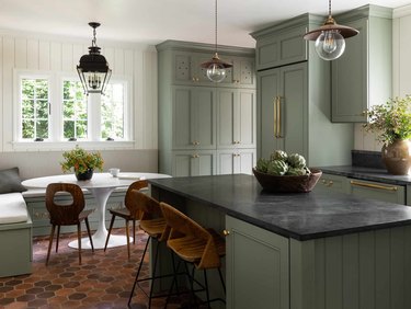 kitchen with green cabinets and more cool colors