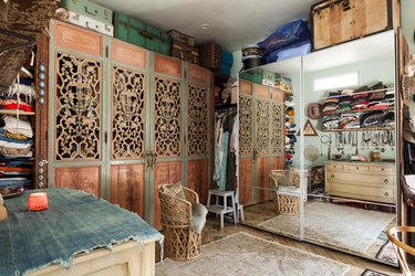 boho attic closet ideas with armoire and floor mirror