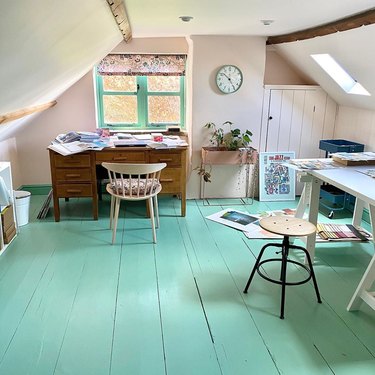 vintage attic office idea with painted wood floors and matching window trim