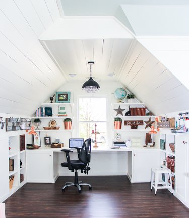 white attic office idea with crystal pendant light hanging above desk