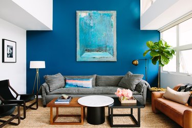 Living room layout idea with blue accent wall and potted tree