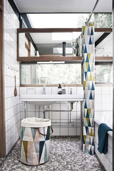 geometric print shower curtain in modern bathroom